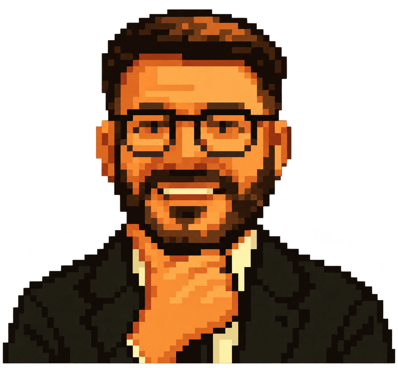 Pixel art portrait of Pawel, smiling with glasses and his hand under his chin